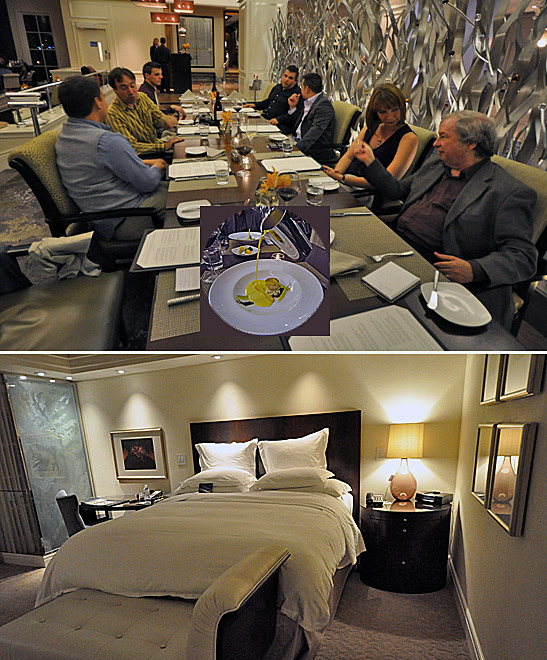 top: dinner at the Ritz-Carlton's Raya; bottom: a room at the Ritz-Carlton