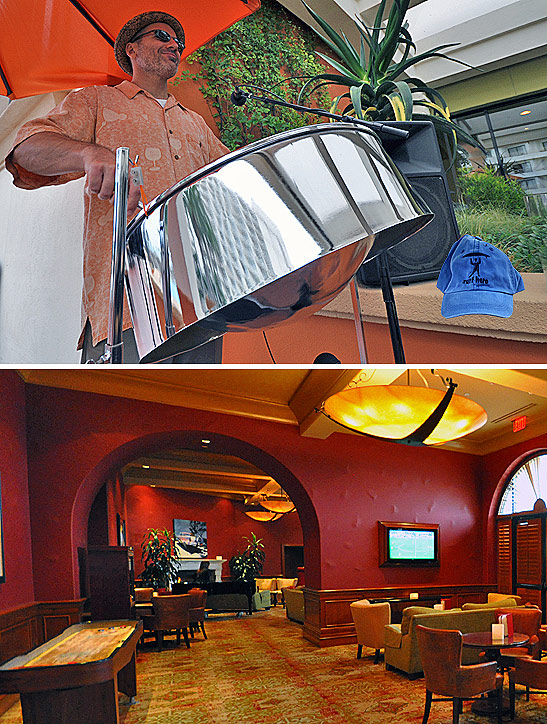 one-man steel band and the interior of the Waterfront Beach Resort, Huntington Beach