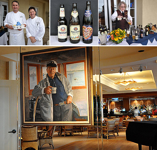 top photos: chefs and beer at the Balboa Bay Club & Resort in Newport Beach; bottom photo: painting of John Wayne at the Duke's Place, Newport Beach