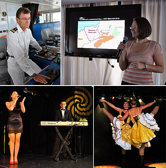 clockwise from top left: Captain Lemaire of Ponant's Le Boreal, Sophie Favrolt giving history lessons, lounge singer Inna performing and dancers on the Le Boreal