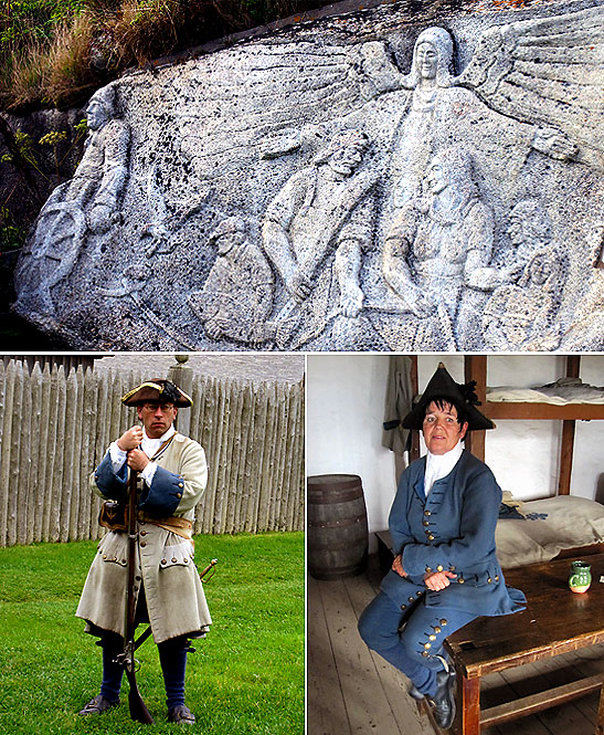 top: granite sculpture by Finnish sculptor William deGarthe showing fishermen and their families sheltering under the wings of St Elmo, Halifax, Nova Scotia; bottom: two docents in costumes at the Cape Breton Louisbourg fortress