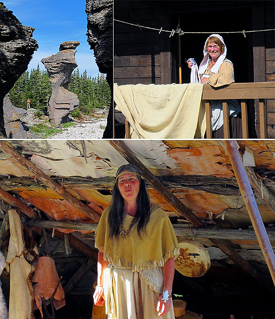 scenes from St. Pierre including gigantic limestone monoliths and recreated colonies of French explorers at Saguenay