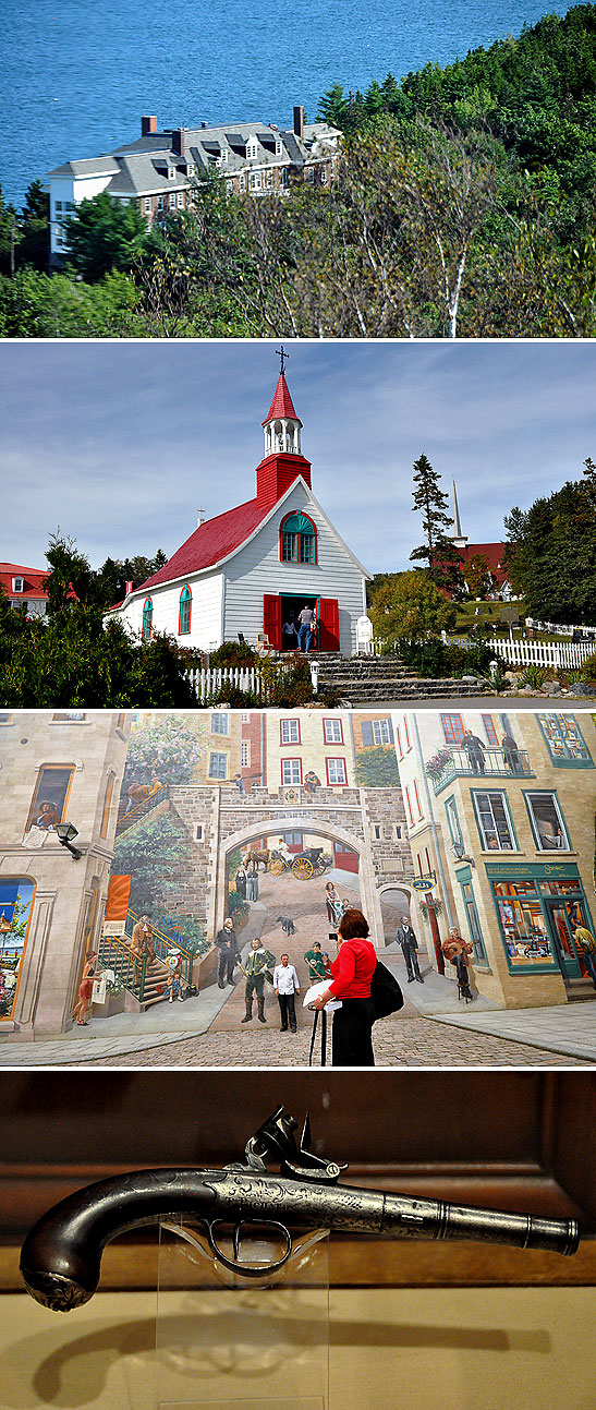 from top: the 40-room High Seas house in Acadia National Park, Maine; red-roofed, white-painted church in Tadoussac; the 5-story five-story trompe loeil Fresque des Quebecois mural showing Quevec Citys history and the 1710 pistol of Sir James Murray, the first governor of the Province of Quebec