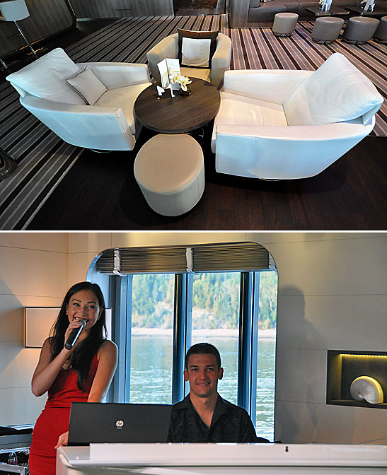 top: lounge on Ponant's Le Boreal; bottom: musicians providing soft music on the Le Boreal