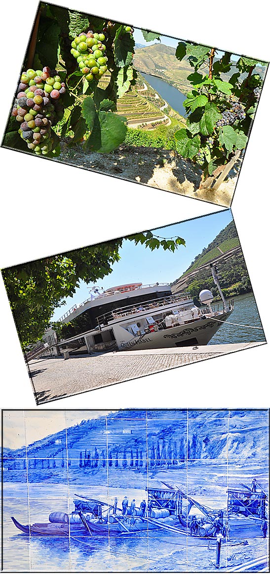 vineyards at the Douro Rivwer, Uniworld's Queen Isabel and the blue tiled azulejos of the Pinhao train station