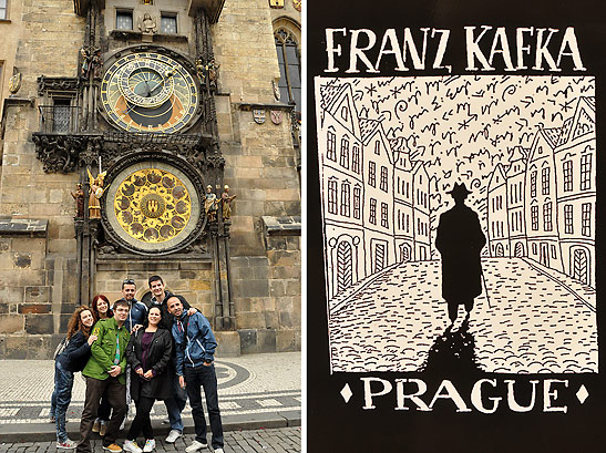 tourists in front of the Astronomical Clock and Prague postcard featuring Kafka