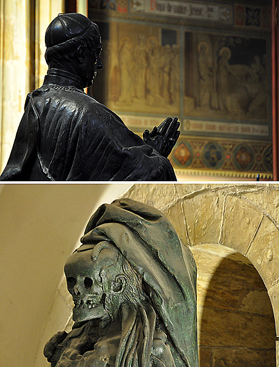 statue inside St. Nicholas Church and figure of skull under robe at the Basilica of St. George