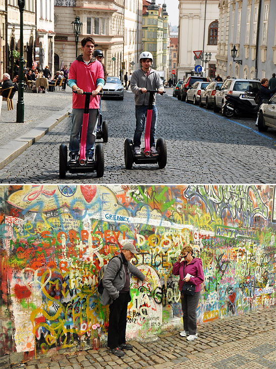 tourists on Segways on a cobblestone street in Prague and the John Lennon wall showing graffiti