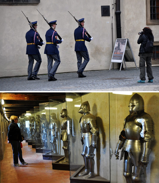 marching soldiers and a museum of armor