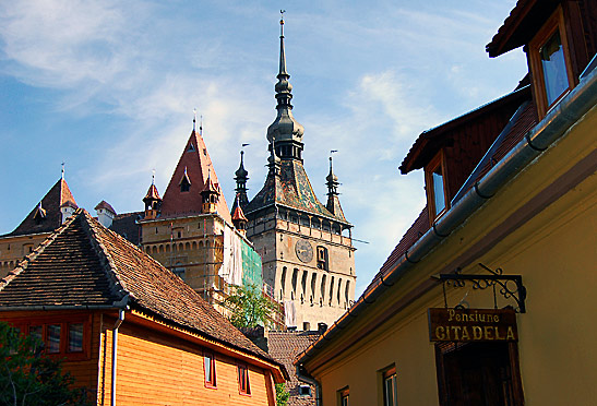 the citadel in Sighisoara, Transylvania, Romania, with the clock tower in the center background