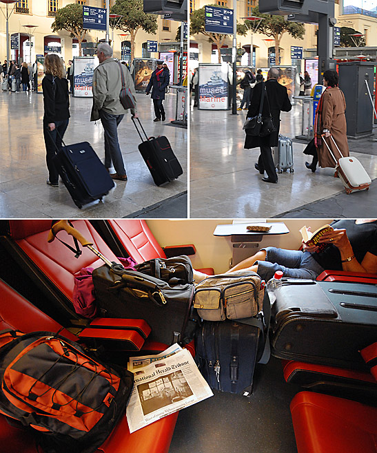 top: train station in Europe; bottom: the writers' luggage on a Rail Europe train