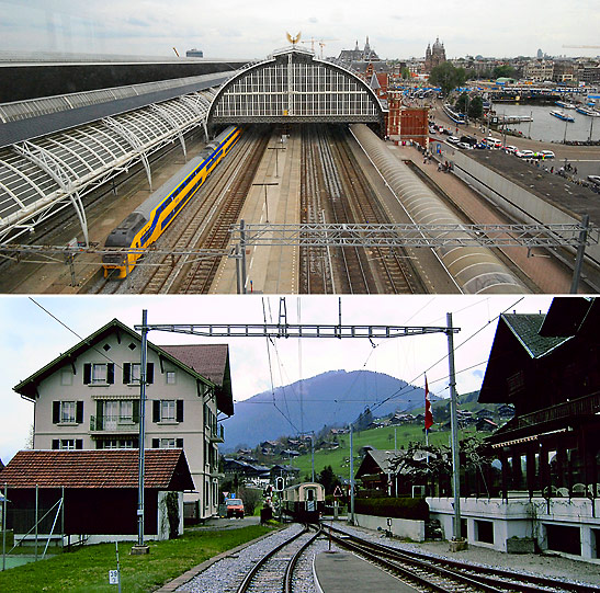 top: Amsterdam railway station; bottom: railway station in Switzerland amidst old world village