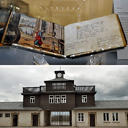 top: stammbuch written by Johann Carl Wilhelm Voigt at the Anna Amalia Library, Weimar; bottom: the gate of the Buchenwald concentration camp