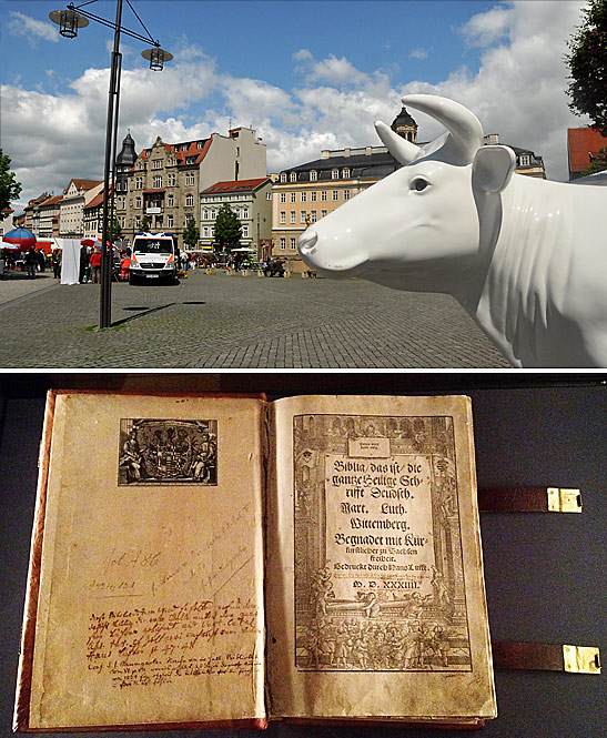 scenes from Eisenach: statue of a cow at the main square and a copy of Martin Luther's translation of the New Testament into German