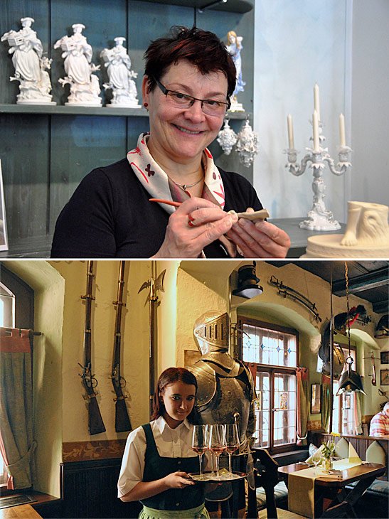scenes from Meissen: a lady at the Meissen porcelain factory and the Vincenz Richter restaurant