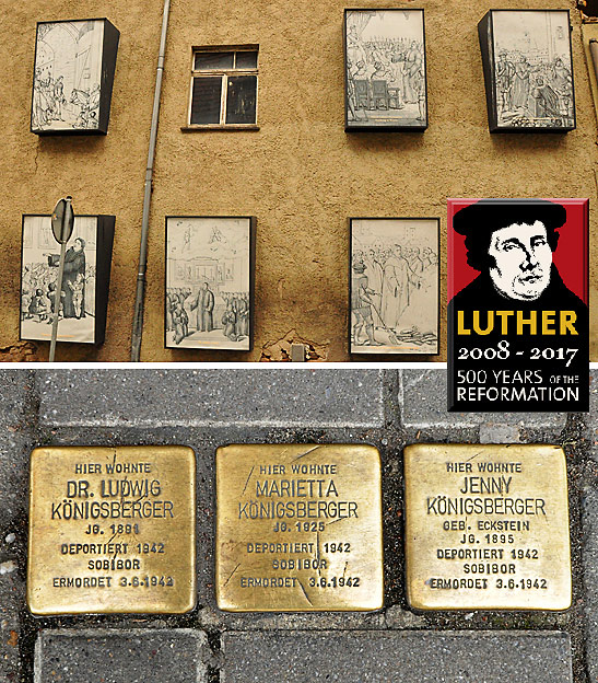Eisleben scenes: old faded illustrations of Luther's life hanging on the walls of the lane leading to the St. Peter and Paul Church; 'stumble stones' in memory of the Konigsberger family on a bricked sidewalk