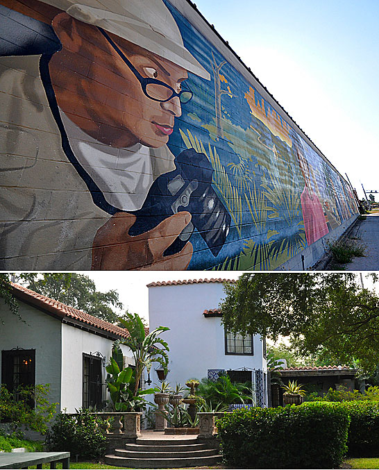 top: bird watcher mural in Harlingen, Texas; bottom: Quinta Mazatlan, McAllen. Texas