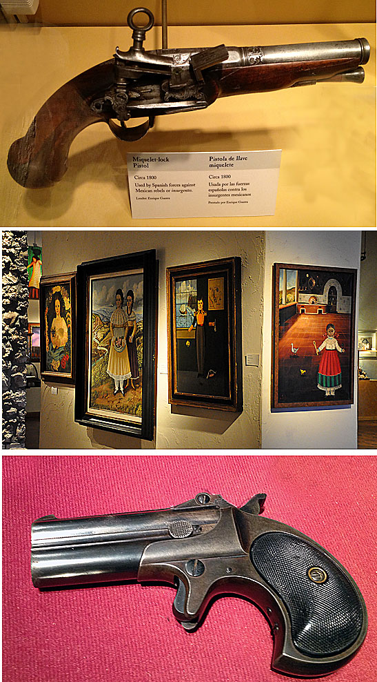 top: pistol at an exhibit at the Museum of South Texas History; center and bottom: paintings and a Remington Over and Under Derringer .41 caliber rim-fire pistol at the Nuevo Santander Gallery