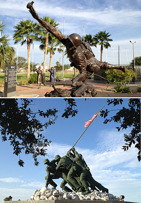 top: the Warrior Statue at the Veterans War Memorial of Texas, McAllen; bottom: original full size Iwo Jima Monument made of gypsum, Harlingen