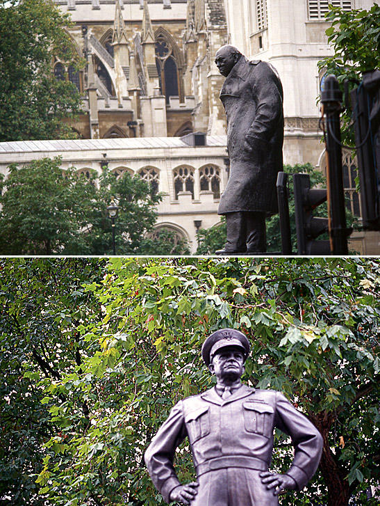 top: statue of Sir winston Churchill; bottom: statue of Gen. Dwight Eisenhower