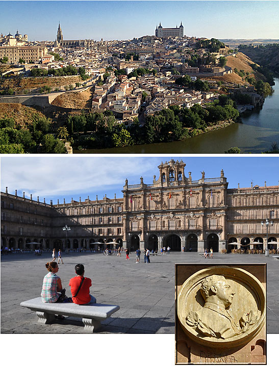 top: Toledo and the Tagus River; bottom: the main square of Salamanca; inset: a plaque of General Francisco Franco at the main square in Salamanca