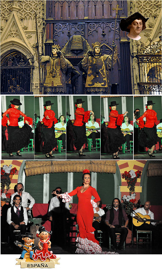 scenes from Seville: the tomb of Cristopher Columbus in the cathedral at Seville, flamenco dancers and musicians
