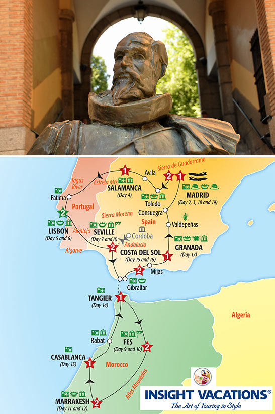 sculpture of Miguel de Cervantes in Toledo and Insight Vavations map of Spain-Portugal-Morocco tour