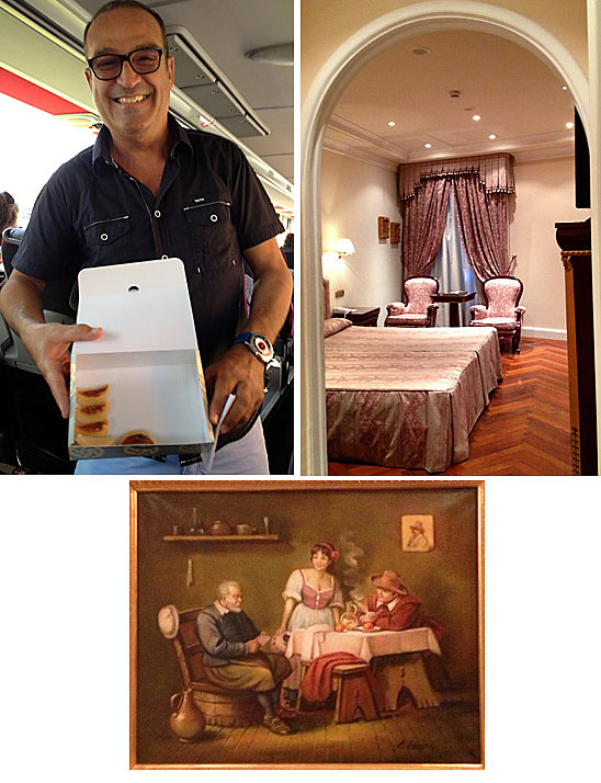 Insight Vacations tour leader Toni Aguilar, inside one of the hotel rooms on the tour and oil painting in one of the hotels