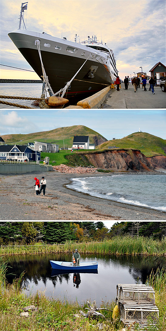 scenes from the Magdalen Islands: the Le Boreal of the Companie du Ponant at the Magdalen Islands, coastal scene showing eroding red sandstone cliffs and a fisherman on a boat