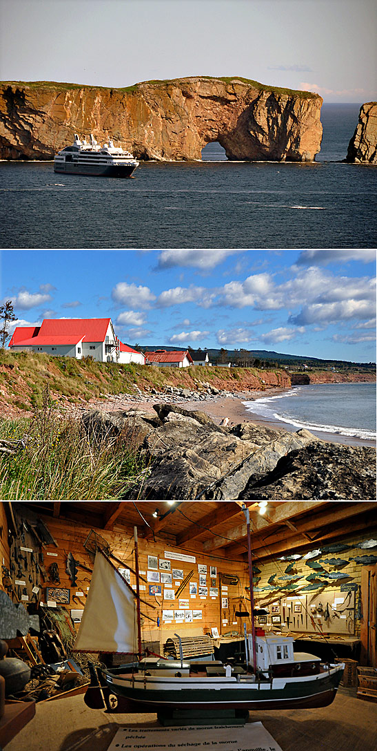 scenes from Perce: the enormous rock sheltering Perce's harbor, Perce coastal scene and the Charles Robin Company town store-turned tourist attraction