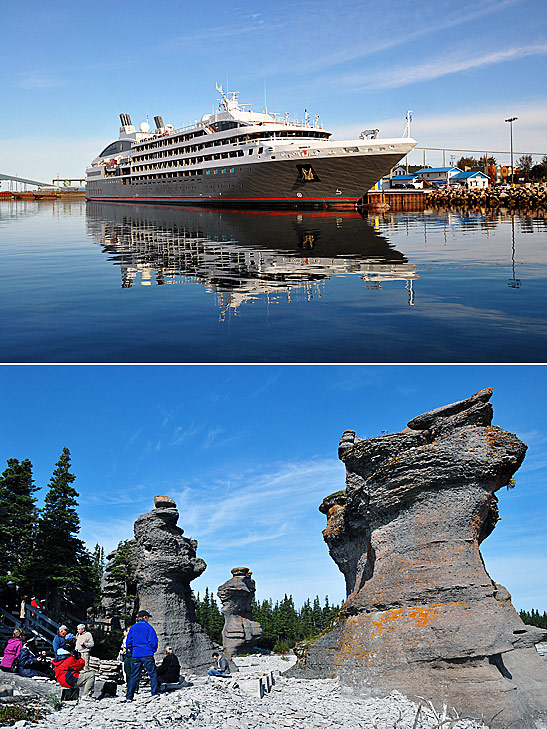 from top: the Le Boreal at St. Pierre; tourists admire the giant monoliths at the Mingan Archipelago National Park