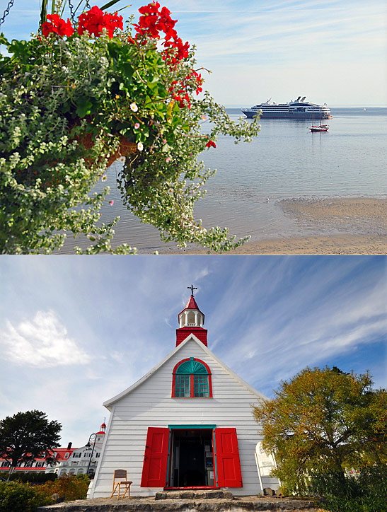 top: Companie du Ponant's cruise ship Le Boreal at Tadoussac; bottom: La Chapelle des Indiens in Tadoussac