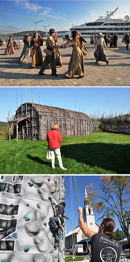 scenes from Saguenay: residents of Saguenay in period costumes singing and dancing a welcome for the Le Boreal and its guests, tourist observing a hut at the original New France settlement and a small boy attempting to climb a wall near a church