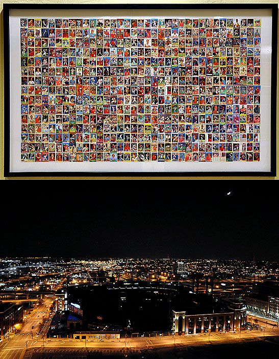 top: baseball cards mounted on a frame at the Hilton St. Louis at the Ballpark hotel; bottom: Busch Stadium at night, St. Louis, Missouri