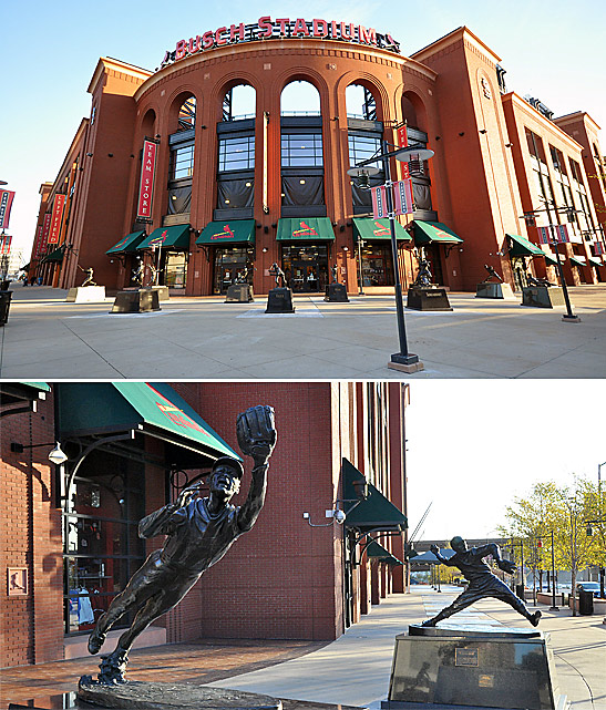 Busch Stadium and statues of legendary Cardinals