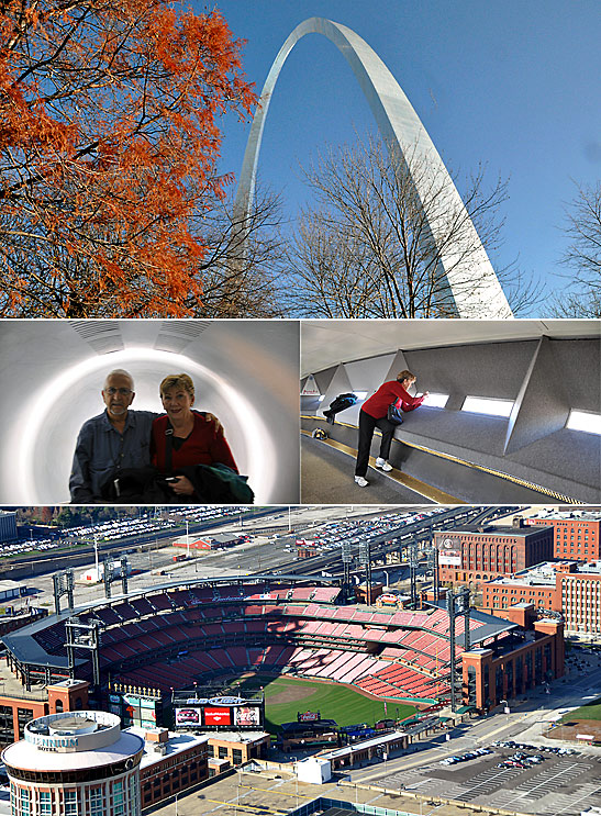 from top: the Jefferson National Expansion Memorial or Gateway Arch, the writers in one of the pods leading to the top of the Gateway Arch and a panoramic view of St. Louis from the top of the arch