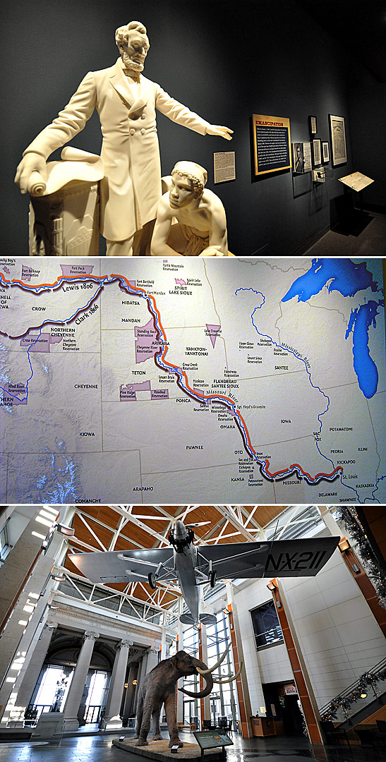 scenes at Missouri History Museum: a figure of Abraham Lincoln, map tracing the Lewis and Clark expedition and a reproduction of Charles Lindbergh's Spirit of St. Louis above a figure of a mammoth