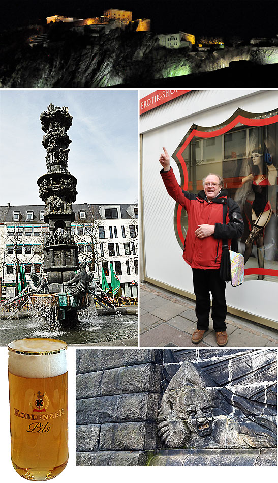 more scenes in Koblenz - from top: the fortress, the History Column, authors' guide in front of a shop, Koblenz beer and statue