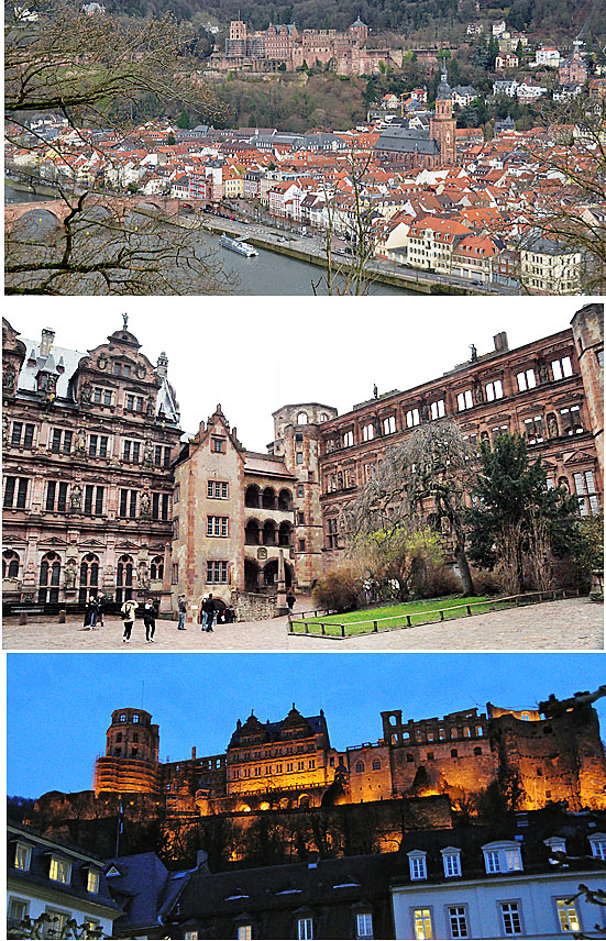 from top: Heidelberg with the Neckar River in the foreground; interior of the Heidelberg Castle; the Heidelberg Castle towers over the city at night