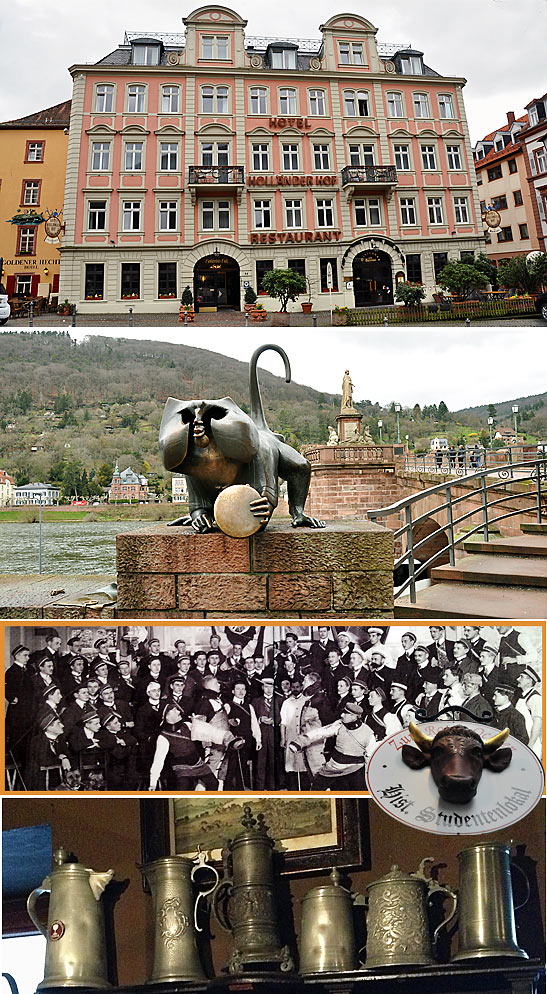 from top: the Hollander Hof, the Bridge Monkey at the bridge near the hotel and interior displays at the Red Ox student tavern, Heidelberg