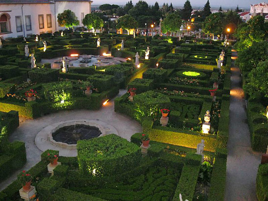 view of the Jardim do Paço formal gardens from the ballroom