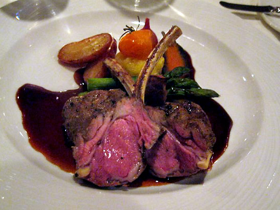 chopped and roasted lamb with veal stock, spaghetti squash, asparagus and fingerling potatoes