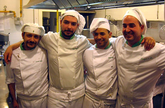 Chef Jorge Sanshez Mutas and his crew at the kitchen of the Parador de Alcala de Henares, Alcala