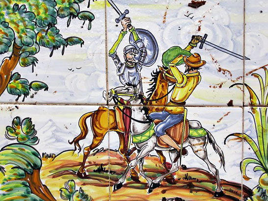 Spanish tile art depicting Don Quixote in battle