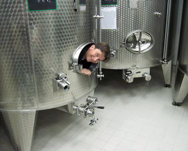 Champagne maker Pierre Fresne sticking his head out from a stainless steel tank at Fresne Ducret, Villedommange