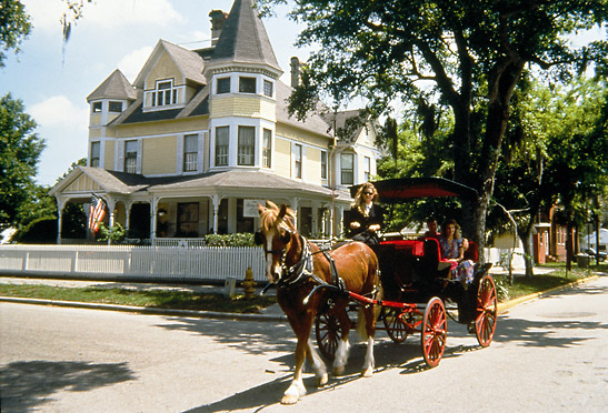 horse carriage on historic Centre Street with Victorian house in the background