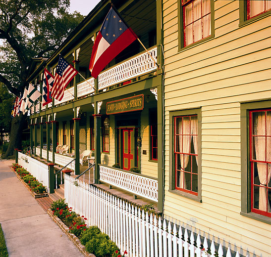 colorful building displaying seven flags