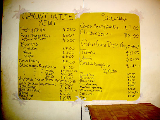 restaurant menu offering traditional Garifuna dishes