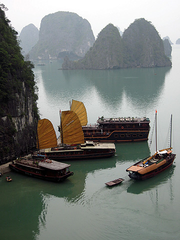 a group of Chinese junks at Halong Bay