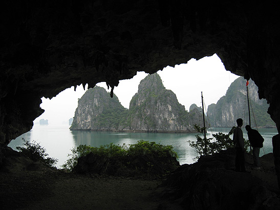 view of Halong Bay and karst islets from the interior of a cave